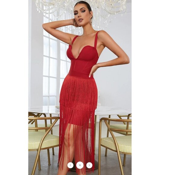 Style of CB Dresses & Skirts - STYLE OF CB Red Midi Bodycon Dress w/ Maxi Length Tiered Fringe, Size XS